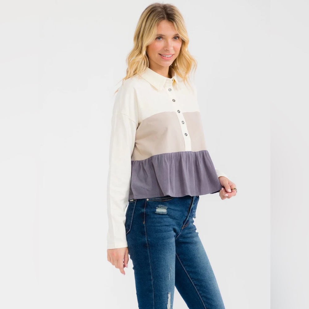 035 • ON SALE...Colorblock Long Sleeve Button Tiered Cream Blouse